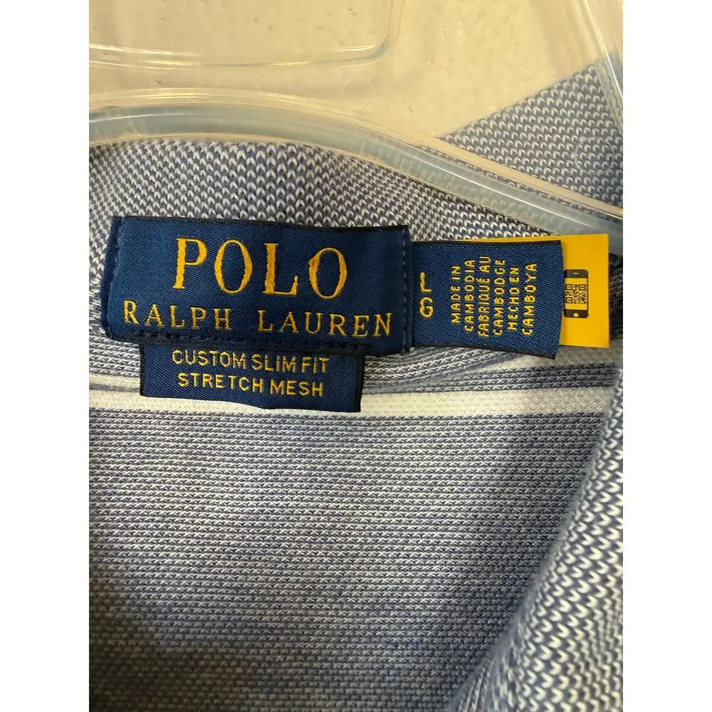 Polo Ralph Lauren Men’s L Custom Slim Fit Stretch Mesh Blue Striped Polo Shirt